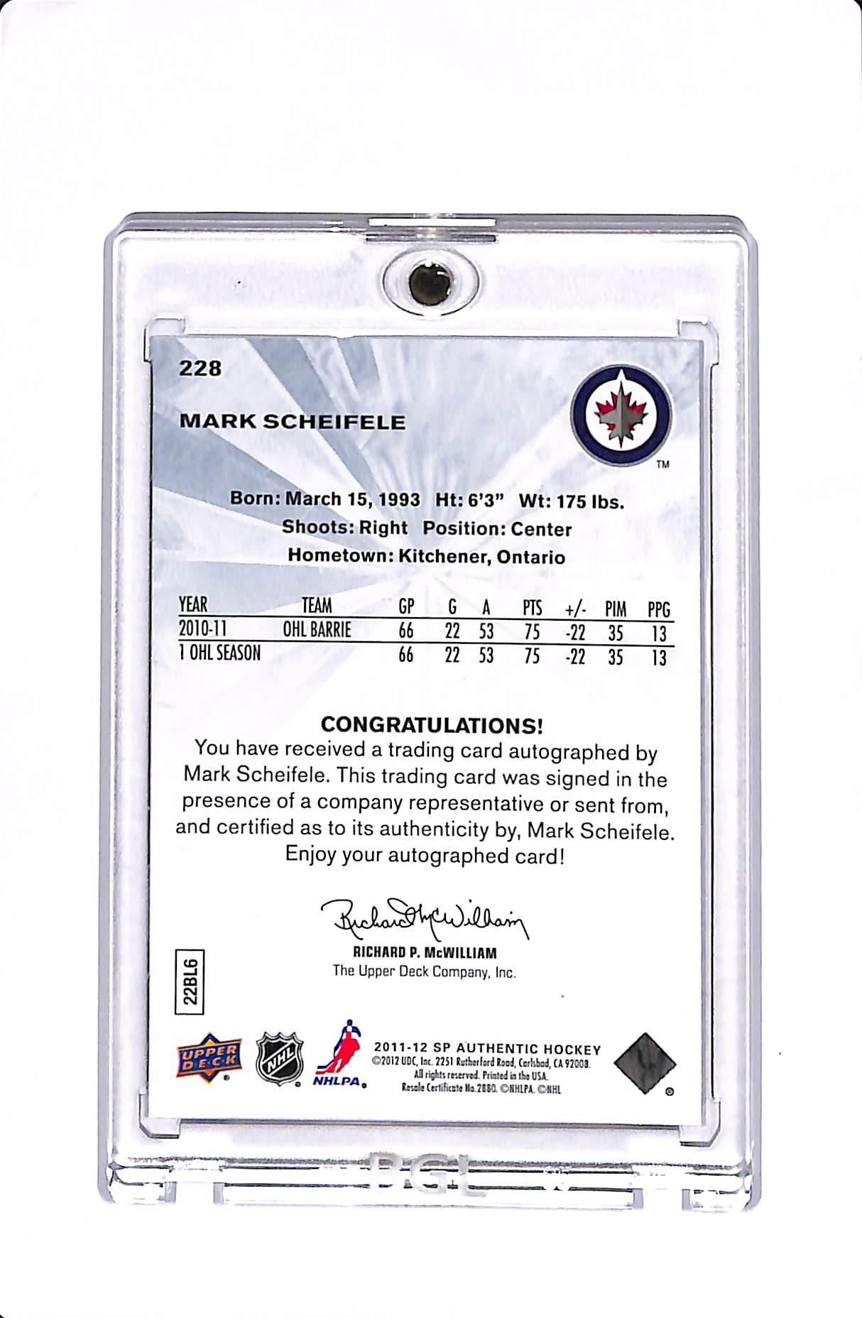 2011-12 UPPER DECK SP AUTHENTIC MARK SCHIEFELE FUTURE WATCH AUTO /999