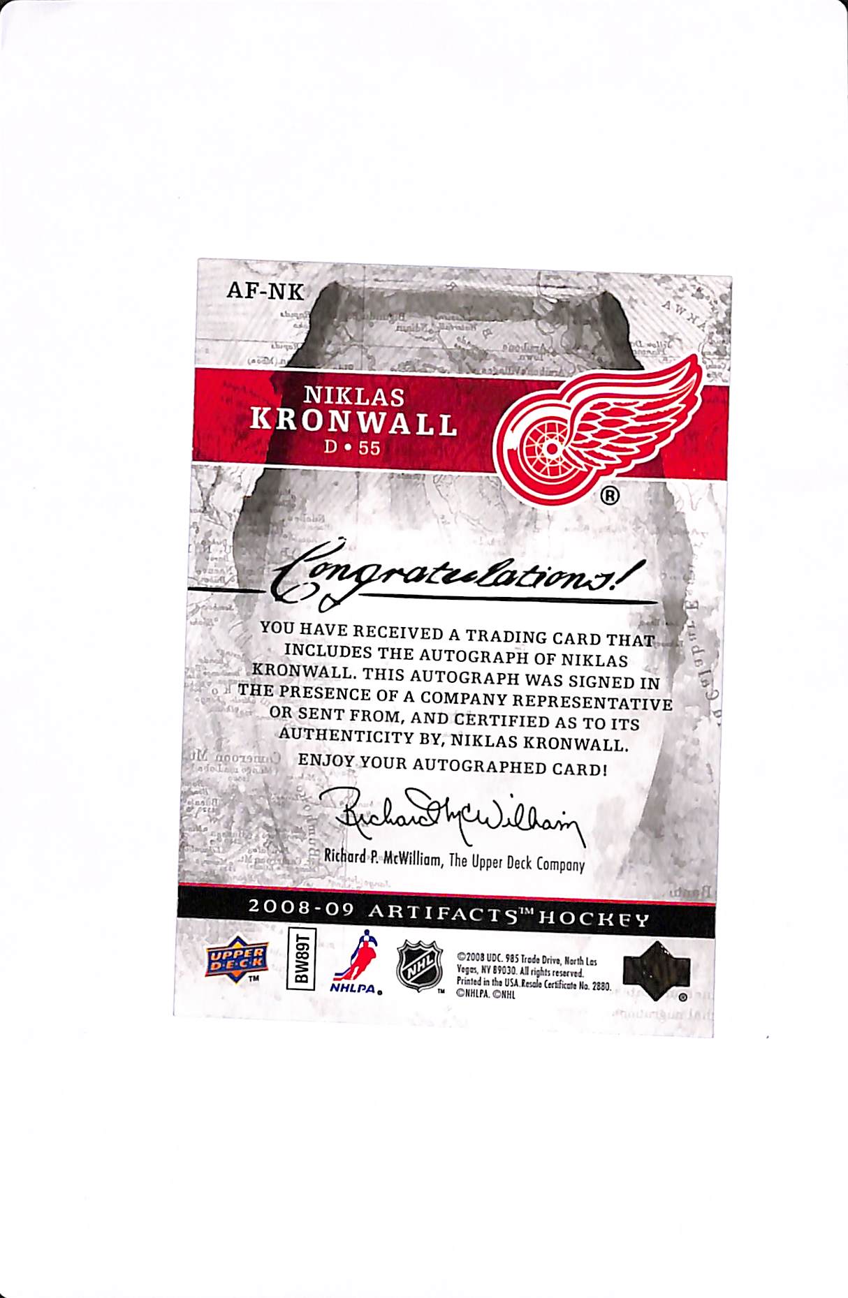 2008-09 UPPER DECK ARTIFACTS NIKLAS KRONWALL AUTO FACTS AUTO #AF-NK