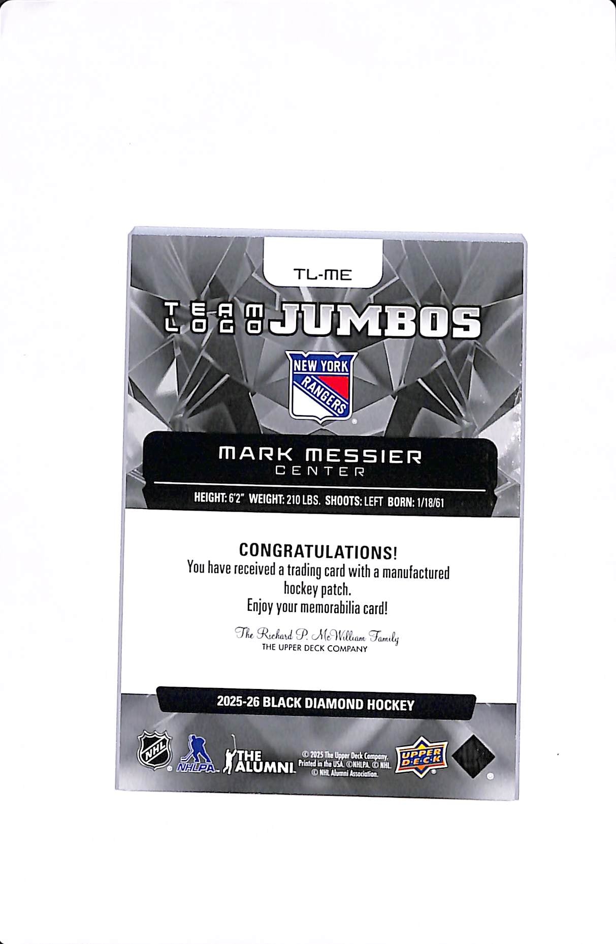 2025-26 UPPER DECK BLACK DIAMOND TEAM LOGO JUMBOS MARK MESSIER #TL-ME