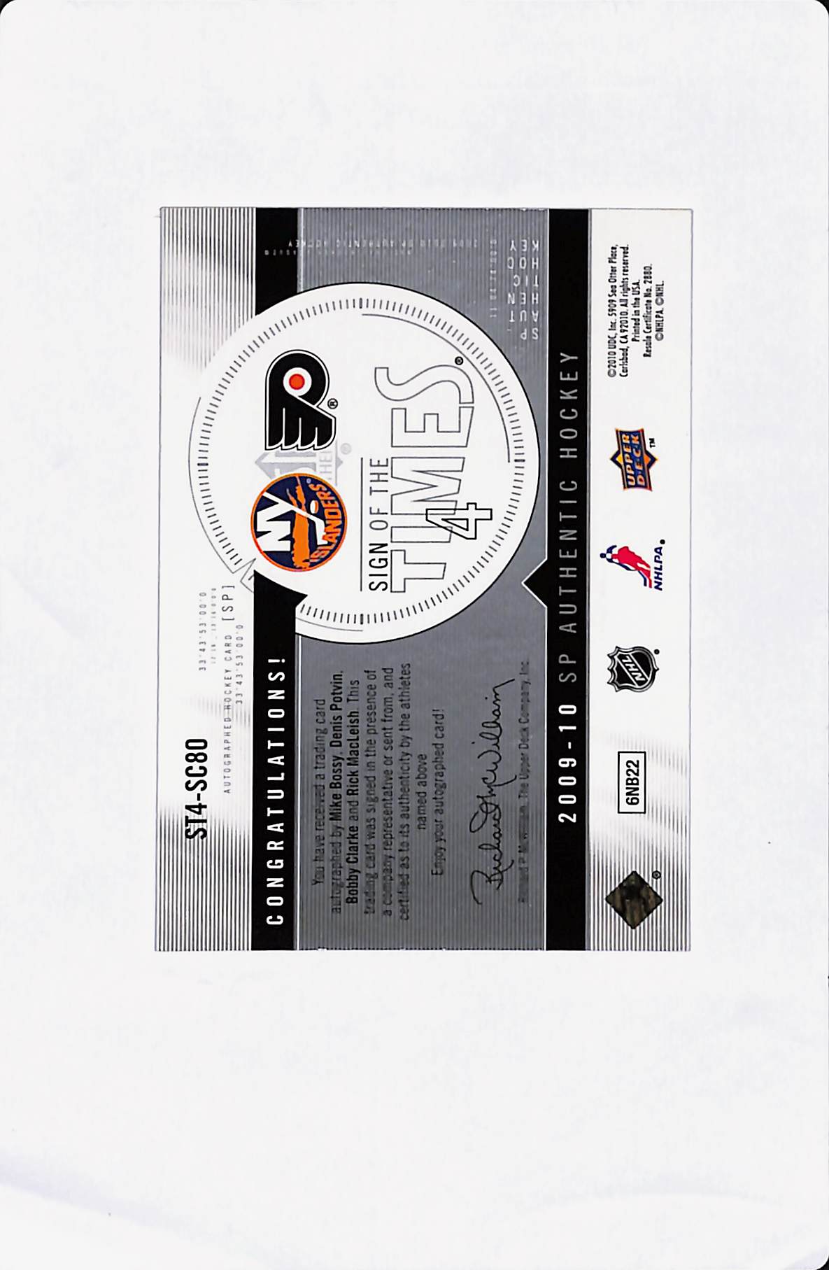 2009-10 SP AUTHENTIC HOCKEY SIGN OF THE TIMES 4 BOSSY/POTVIN/CLARKE/MACLEISH #/10