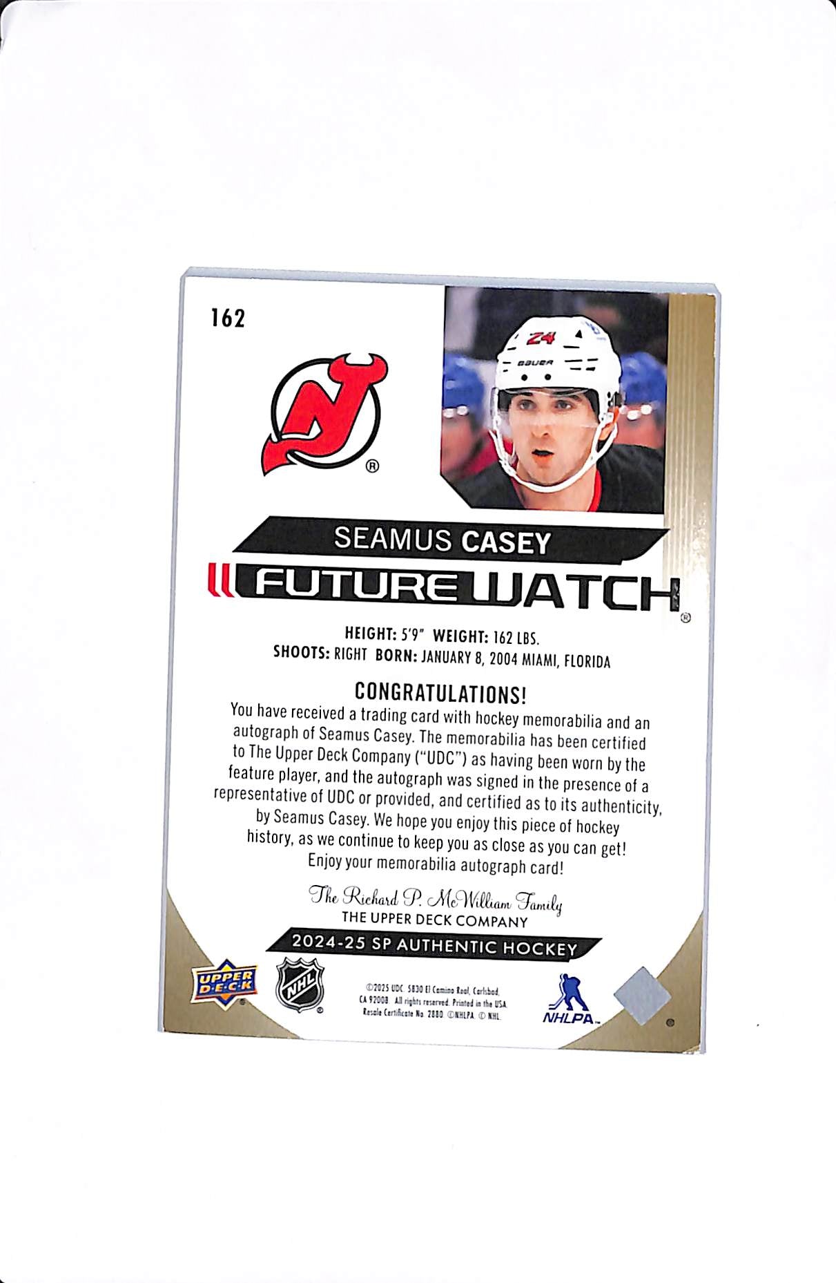 2024-25 UPPER DECK SP AUTHENTIC SEAMUS CASEY FUTURE WATCH PATCH AUTO 100/100 (BOOKEND) #162
