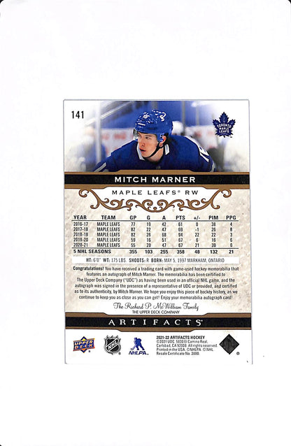 2021-22 UPPER DECK ARTIFACTS MITCH MARNER DUAL JERSEY AUTO /45 #141