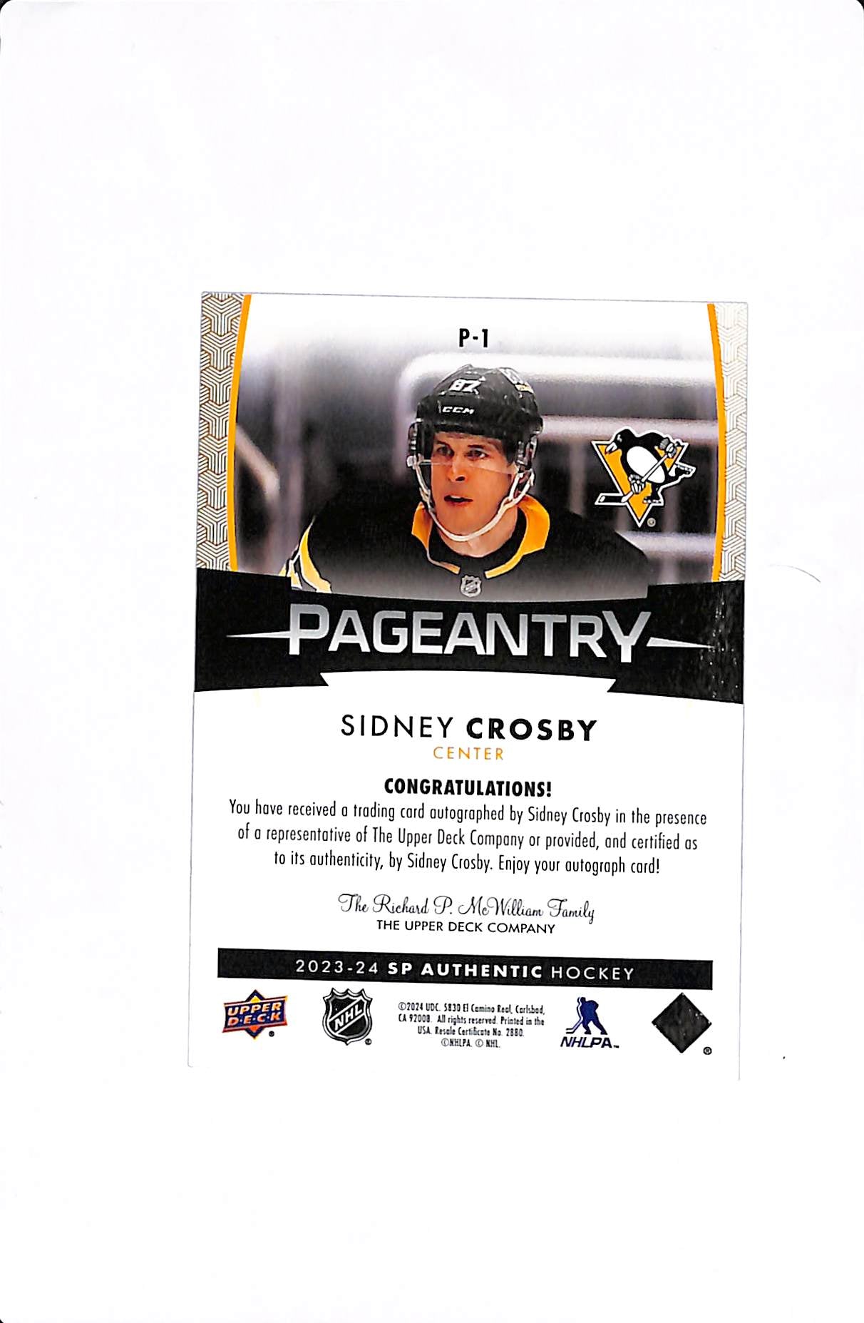 2023-24 UPPER DECK SP AUTHENTIC SIDNEY CROSBY PAGEANTRY AUTO #P-1