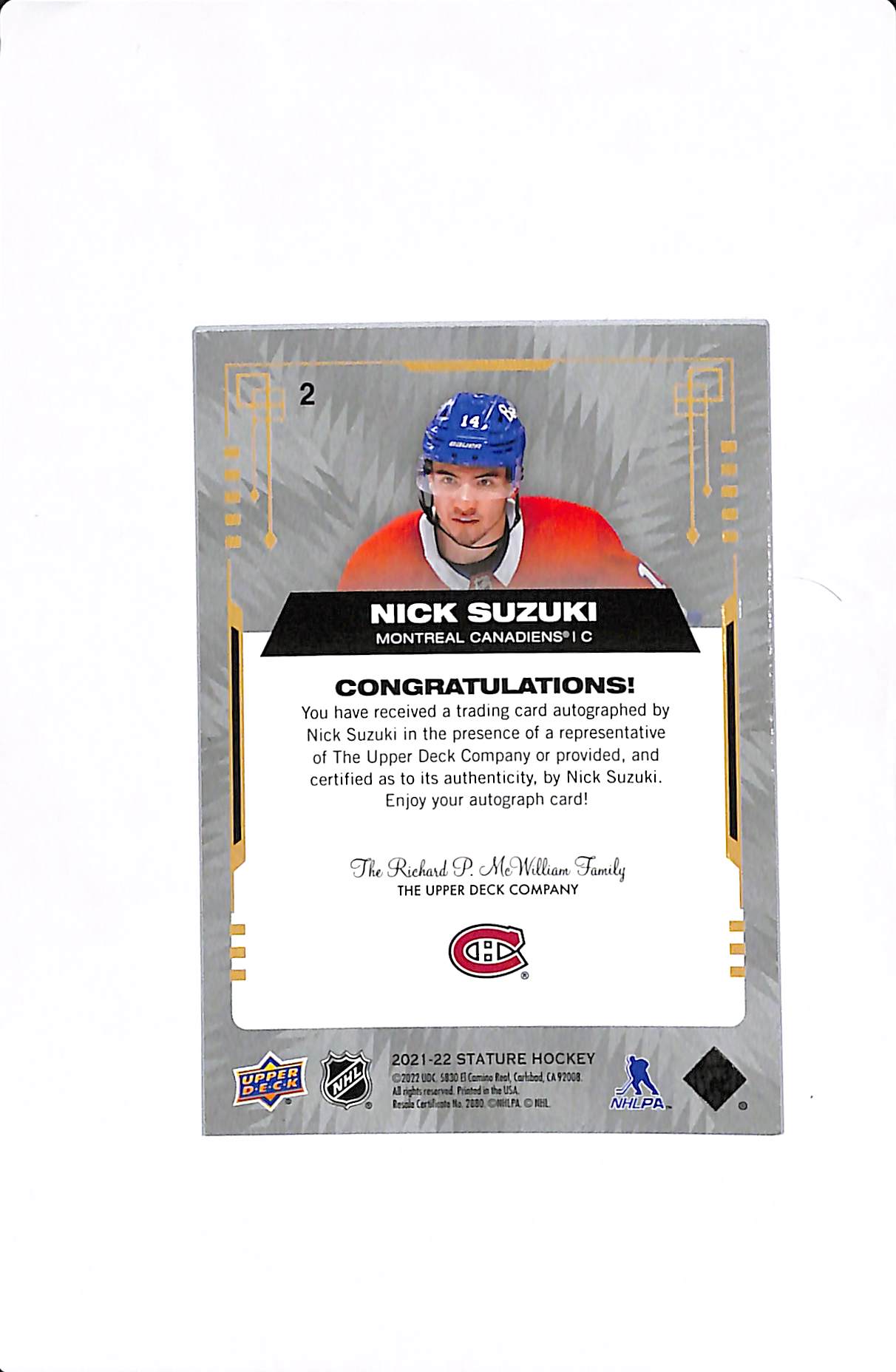2021-22 UPPER DECK STATURE NICK SUZUKI RED AUTO /25 #2