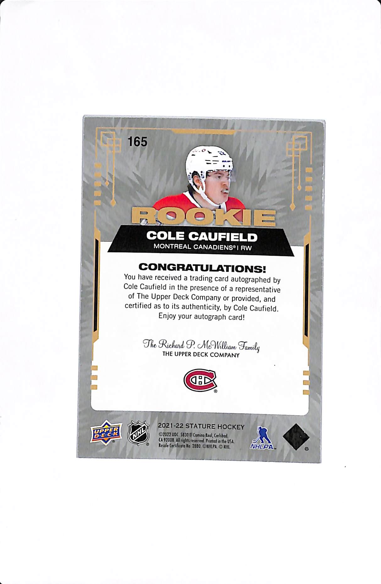 2021-22 UPPER DECK STATURE COLE CAUFIELD PHOTO VARIANT ROOKIE AUTO /49 #165