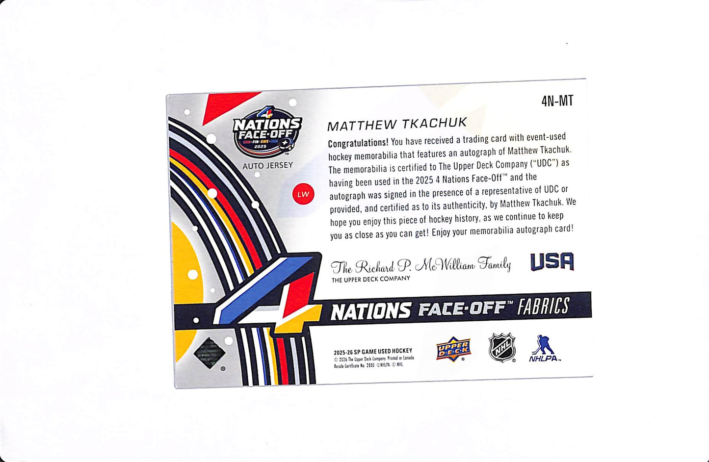 2025-26 UPPER DECK SP GAME USED MATTHEW TKACHUK 4 NATIONS FACE-OFF FABRICS AUTO #4N-MT