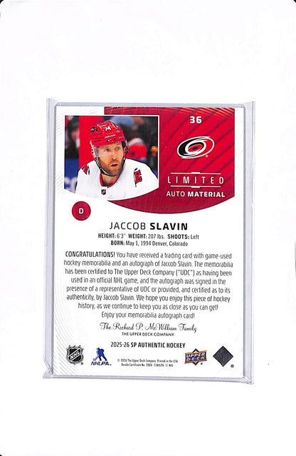 2025-26 UPPER DECK SP AUTHENTIC JACOB SLAVIN LIMITED AUTO MATERIAL /100 #36