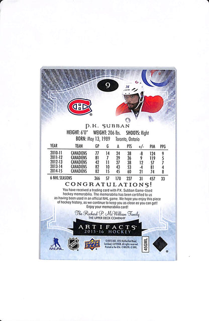 2015-16 UPPER DECK ARTIFACTS P.K. SUBBAN DUAL PATCH & TAG (REEBOK) /5 #9