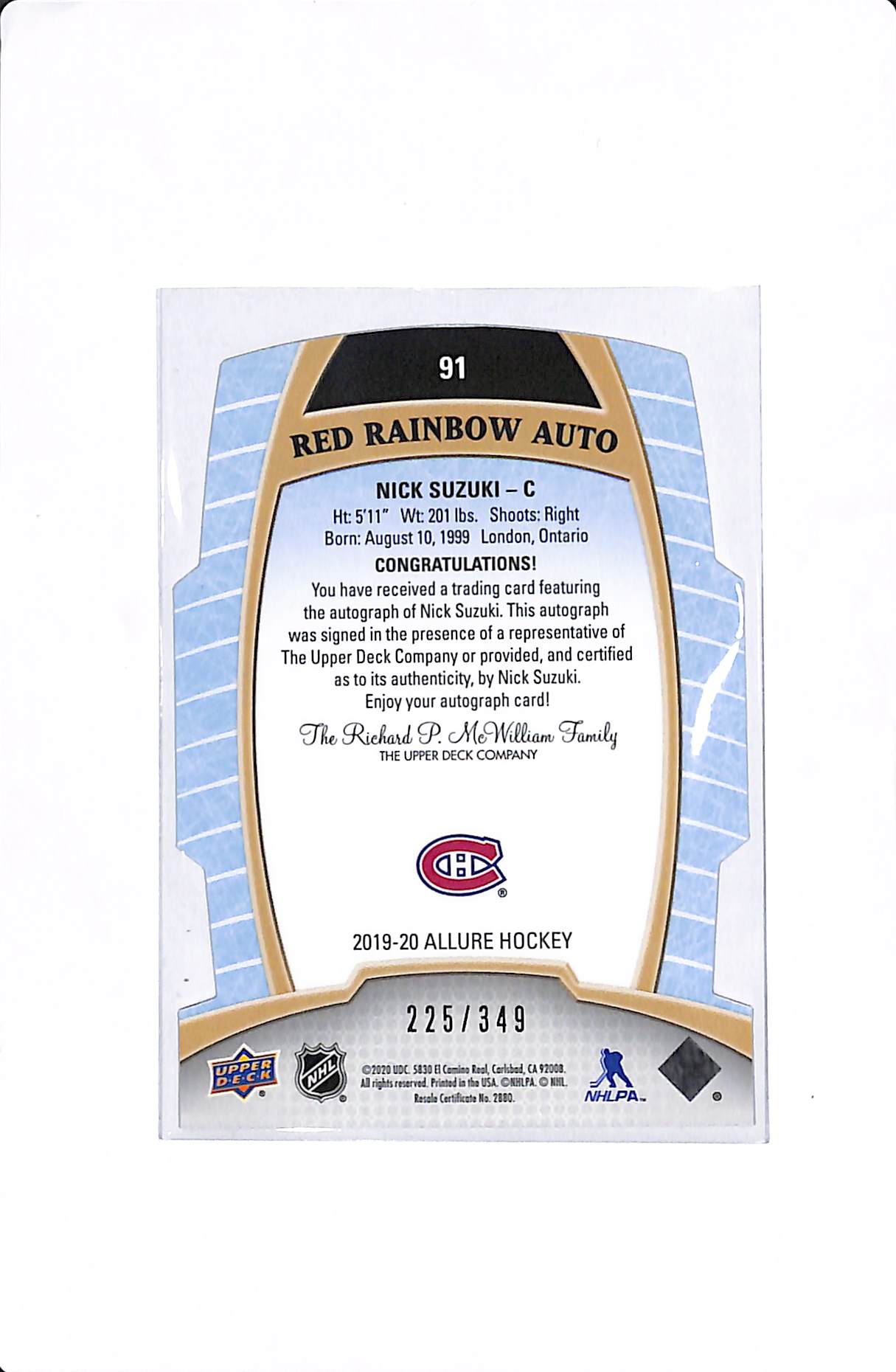 2019-20 UPPER DECK ALLURE NICK SUZUKI RED RAINBOW ROOKIE AUTO /349 #91