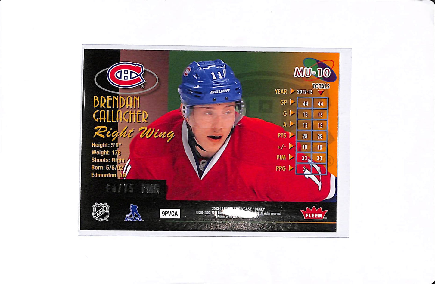 2013-14 UD DECK METAL UNIVERSE BRENDAN GALLAGHER ROOKIE PRECIOUS METAL GEMS PMG RED /75 #MU-10