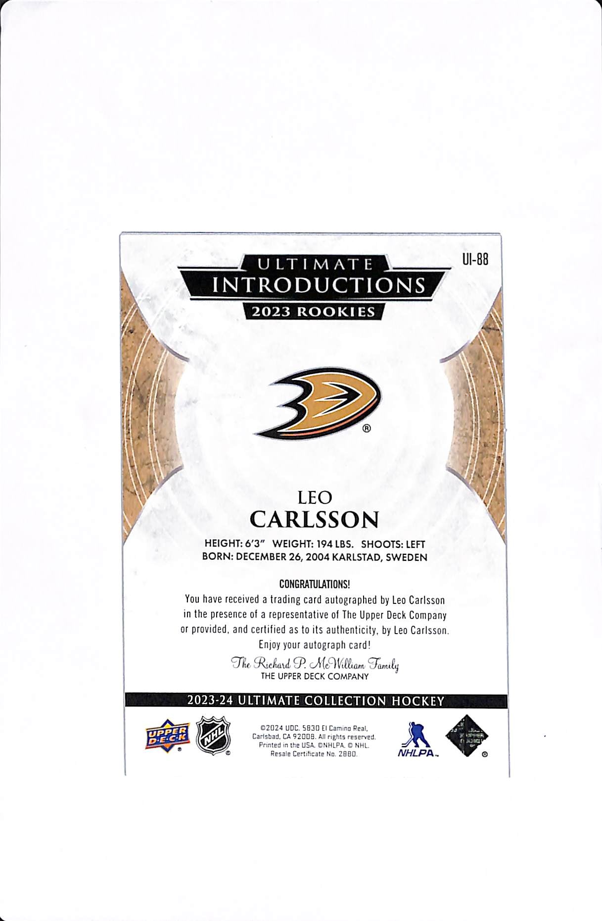 2023-24 UPPER DECK ULTIMATE LEO CARLSSON INTRODUCTIONS ROOKIE AUTO #UI-88