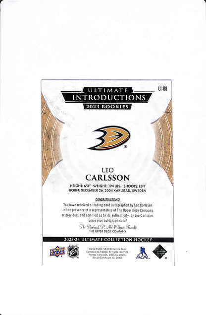 2023-24 UPPER DECK ULTIMATE LEO CARLSSON INTRODUCTIONS ROOKIE AUTO #UI-88
