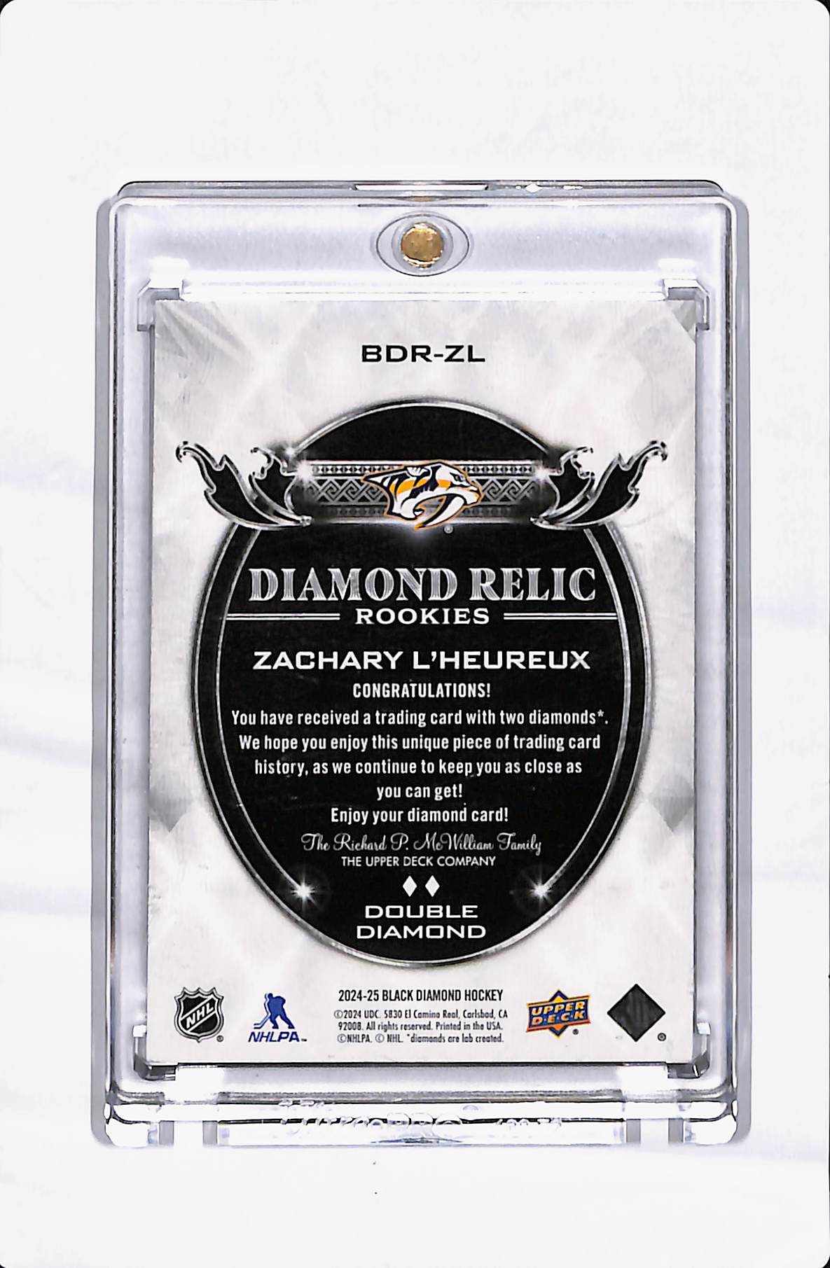 2024-25 UD BLACK DIAMOND ZACHARY L'HEUREUX DIAMOND RELIC /99
