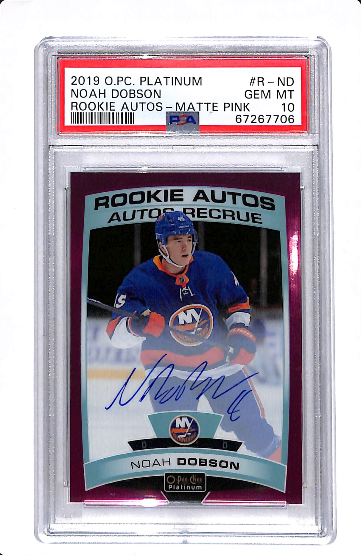 2019-20 UD O-PEE-CHEE PLATINUM ROOKIE AUTOS #R-ND NOAH DOBSON MATTE PINK /99 PSA 10