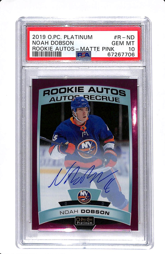 2019-20 UD O-PEE-CHEE PLATINUM ROOKIE AUTOS #R-ND NOAH DOBSON MATTE PINK /99 PSA 10