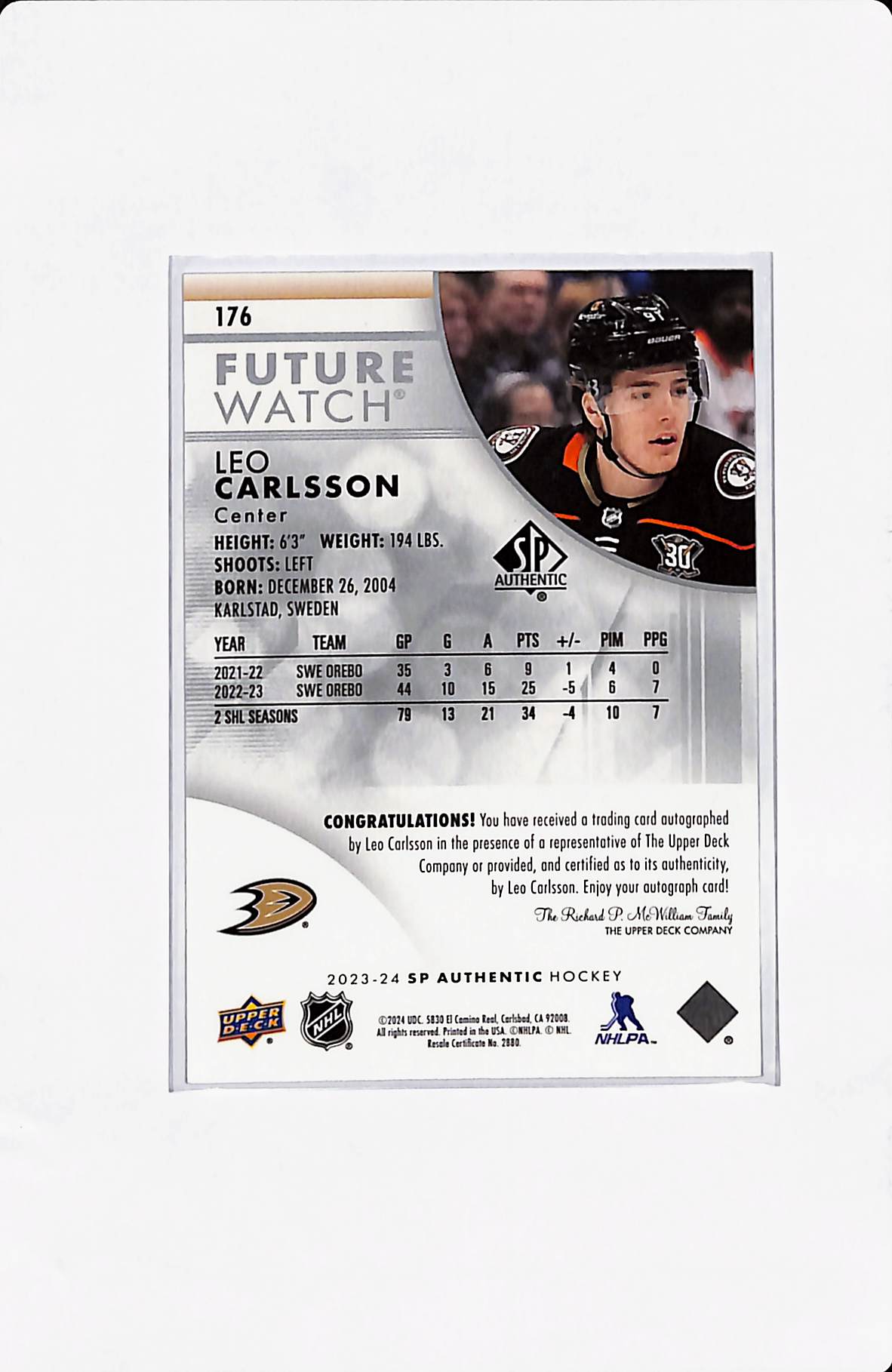2023-24 SP Authentic Leo Carlsson Future Watch Auto 620/999