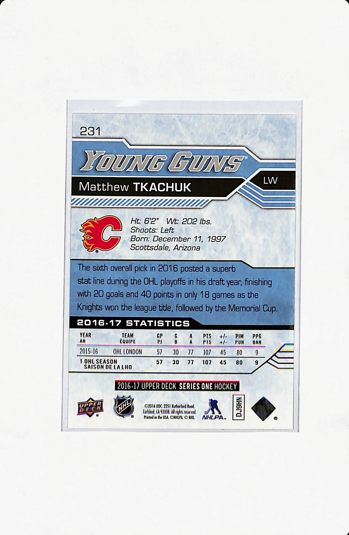 2016-17 SERIES 1 MATTHEW TKACHUK YOUNG GUNS