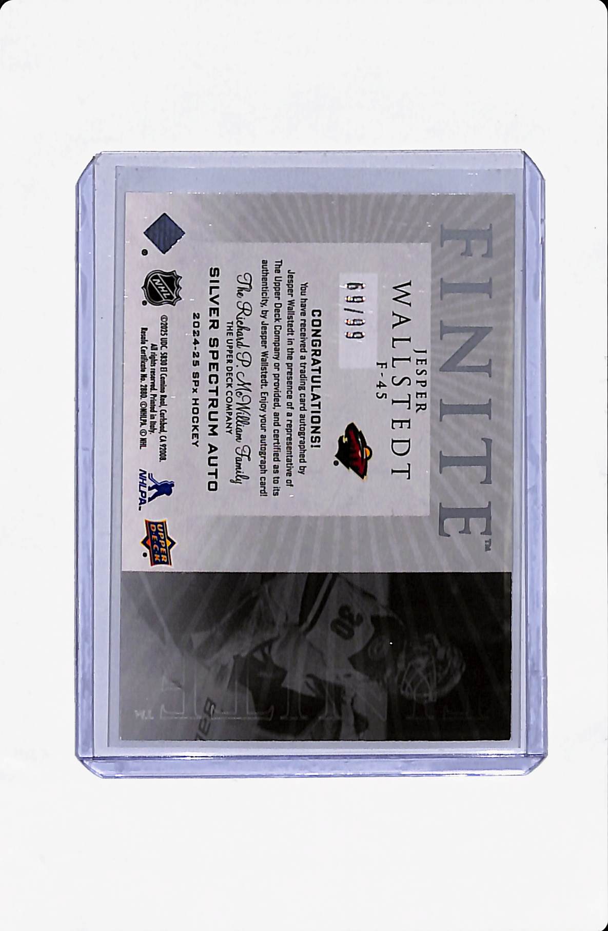 2024-25 SPx JESPER WALLSTEDT FINITE ROOKIE AUTOGRAPH 69/99