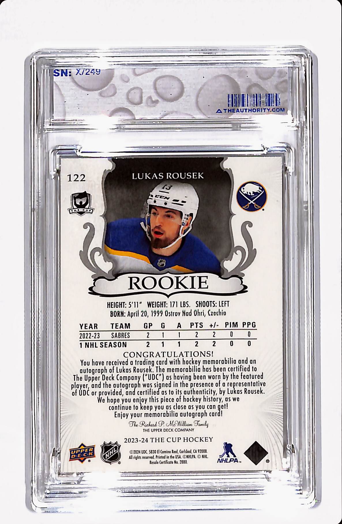 2023-24 THE CUP LUKAS ROUSEK ROOKIE AUTO PATCH 123/249