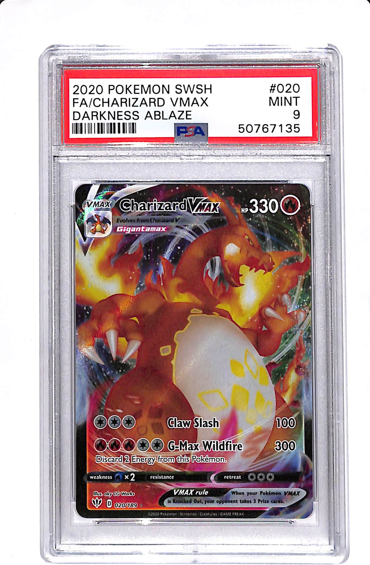 2020 POKEMON SWORD & SHIELD DARKNESS ABLAZE #020 FA CHARIZARD VMAX DARKNESS ABLAZE PSA 9