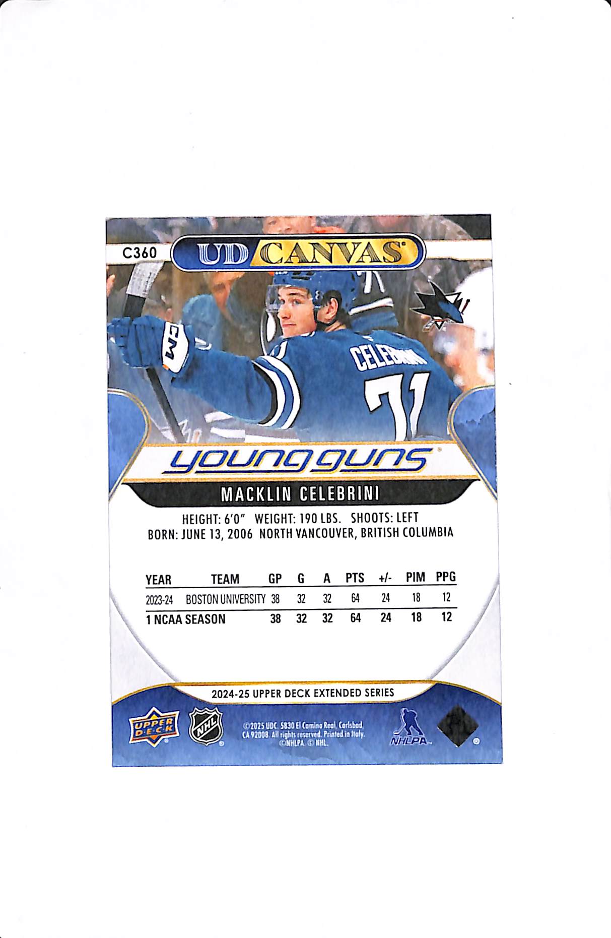 2024-25 UPPER DECK EXTENDED SERIES MACKLIN CELEBRINI YOUNG GUNS CANVAS #C360