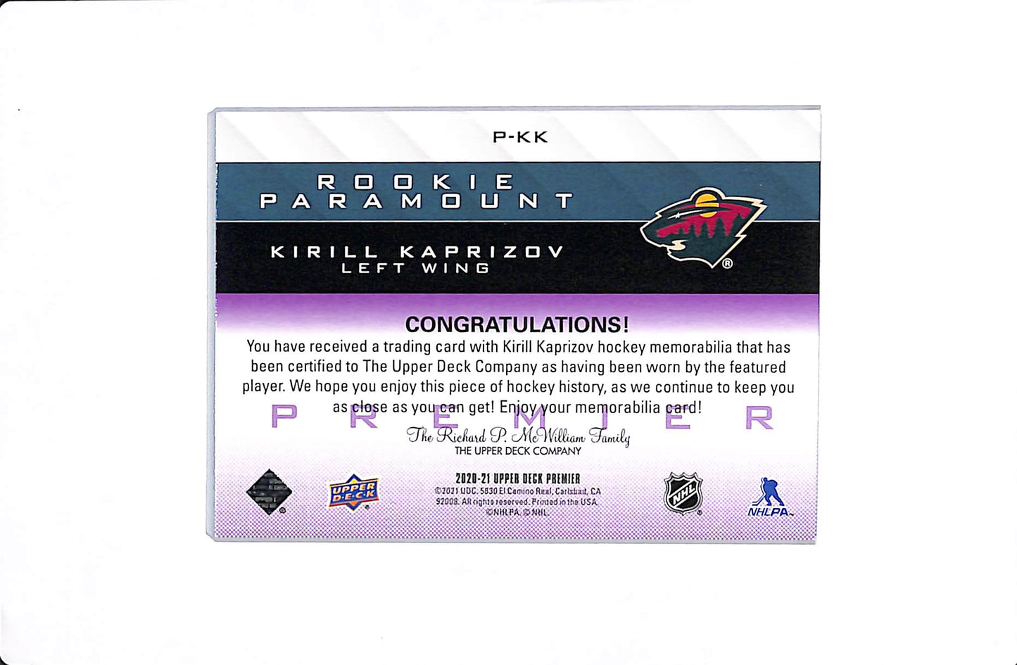 2020-21 UPPER DECK PREMIER KIRILL KAPRIZOV ROOKIE PARAMOUNT PREMIER PATCH /35 #P-KK