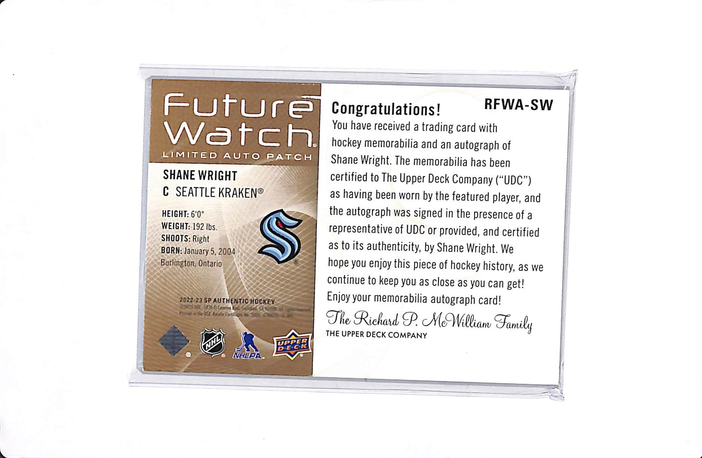 2022-23 UPPER DECK SP AUTHENTIC SHANE WRIGHT FUTURE WATCH AUTO PATCH /25 #RFWA-SW