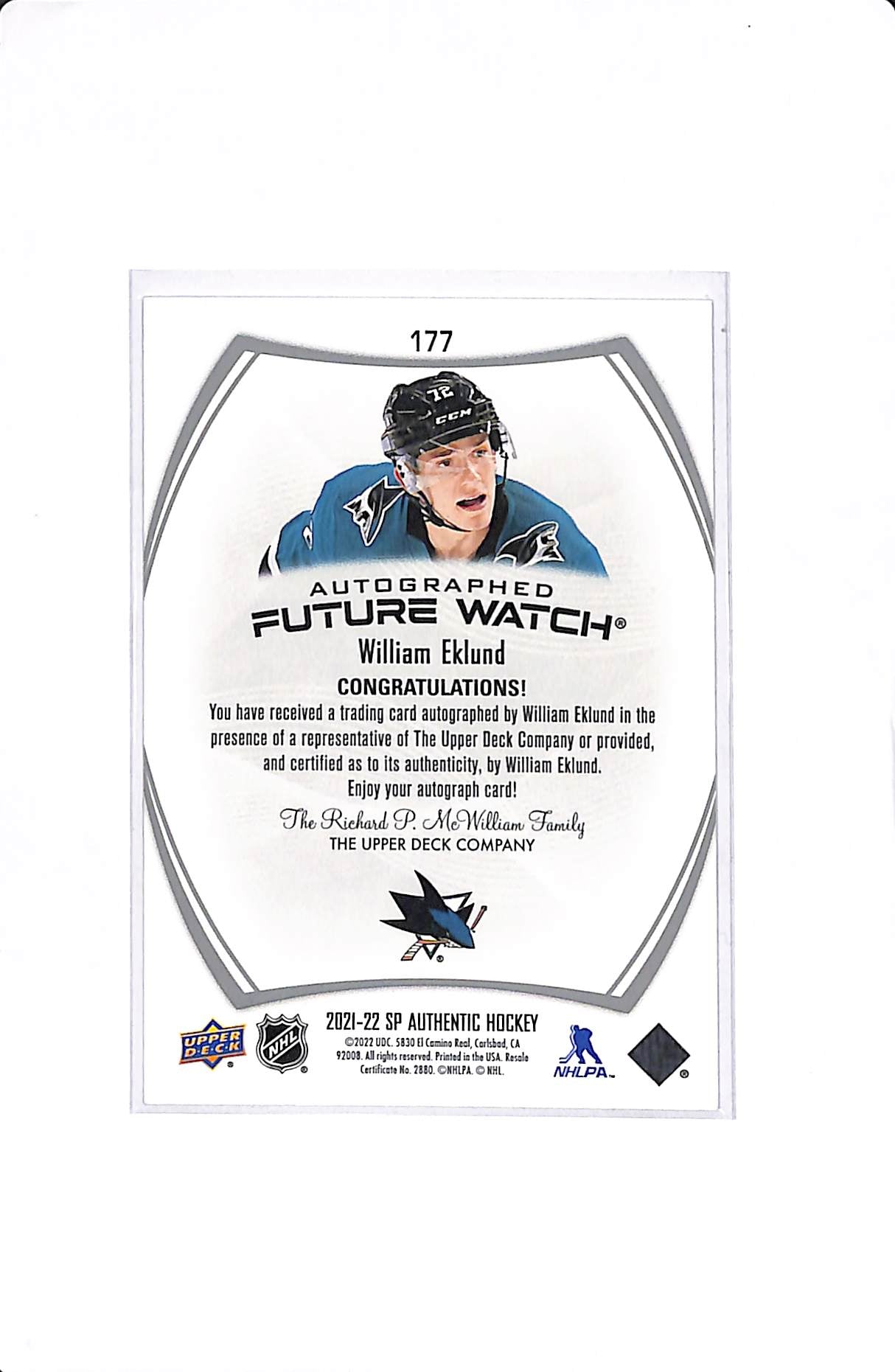 2021-22 UPPER DECK SP AUTHENTIC WILLIAM EKLUND FUTURE WATCH AUTO /999 #177
