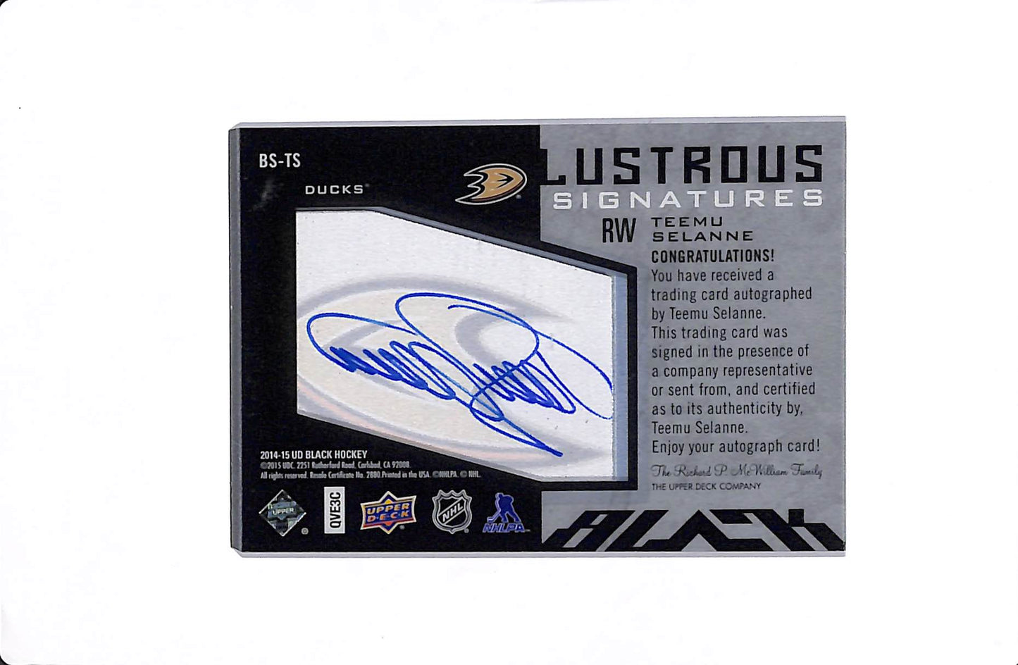 2014-15 UPPER DECK BLACK TEEMU SELANNE LUSTROUS SIGNATURES /49 #BS-TS