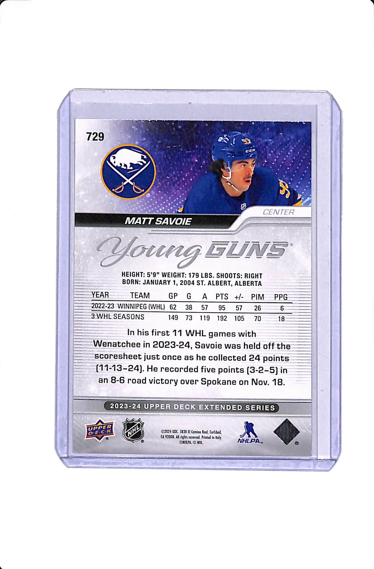 2023-24 UPPER DECK EXTENDED SERIES MATT SAVOIE YOUNG GUNS OUTBURST #729