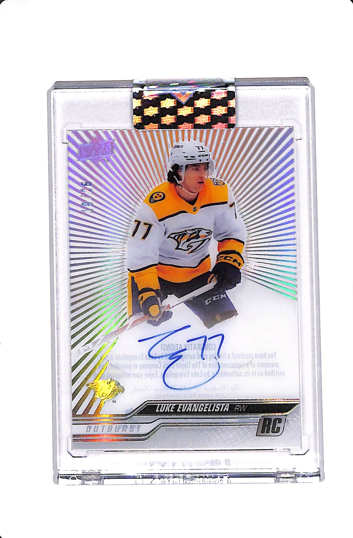 2023-24 UPPER DECK CLEAR CUT LUKE EVANGELISTA ROOKIE AUTO OUTBURST /25 #CC-EV