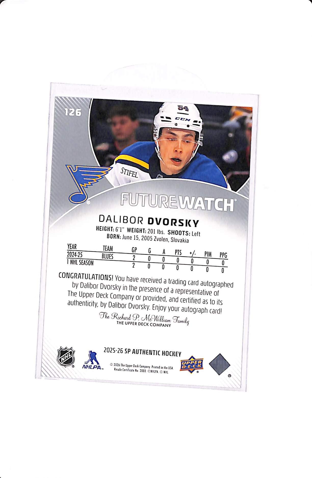 2025-26 UPPER DECK SP AUTHENTIC DALIBOR DVORSKY FUTURE WATCH AUTO #126 /999