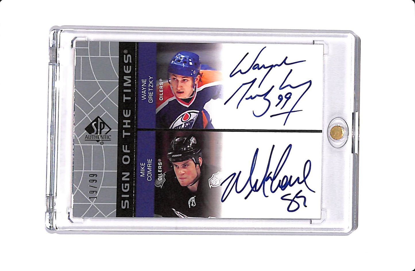 2002-03 UPPER DECK SP AUTHENTIC WAYNE GRETZKY & MIKE COMRIE SIGN OF THE TIMES AUTO /99 #GC