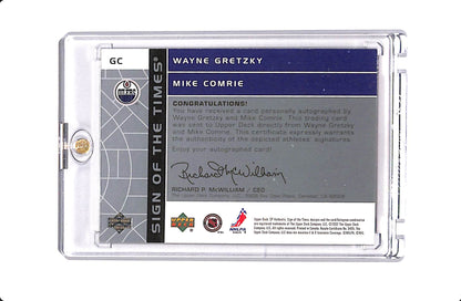 2002-03 UPPER DECK SP AUTHENTIC WAYNE GRETZKY & MIKE COMRIE SIGN OF THE TIMES AUTO /99 #GC