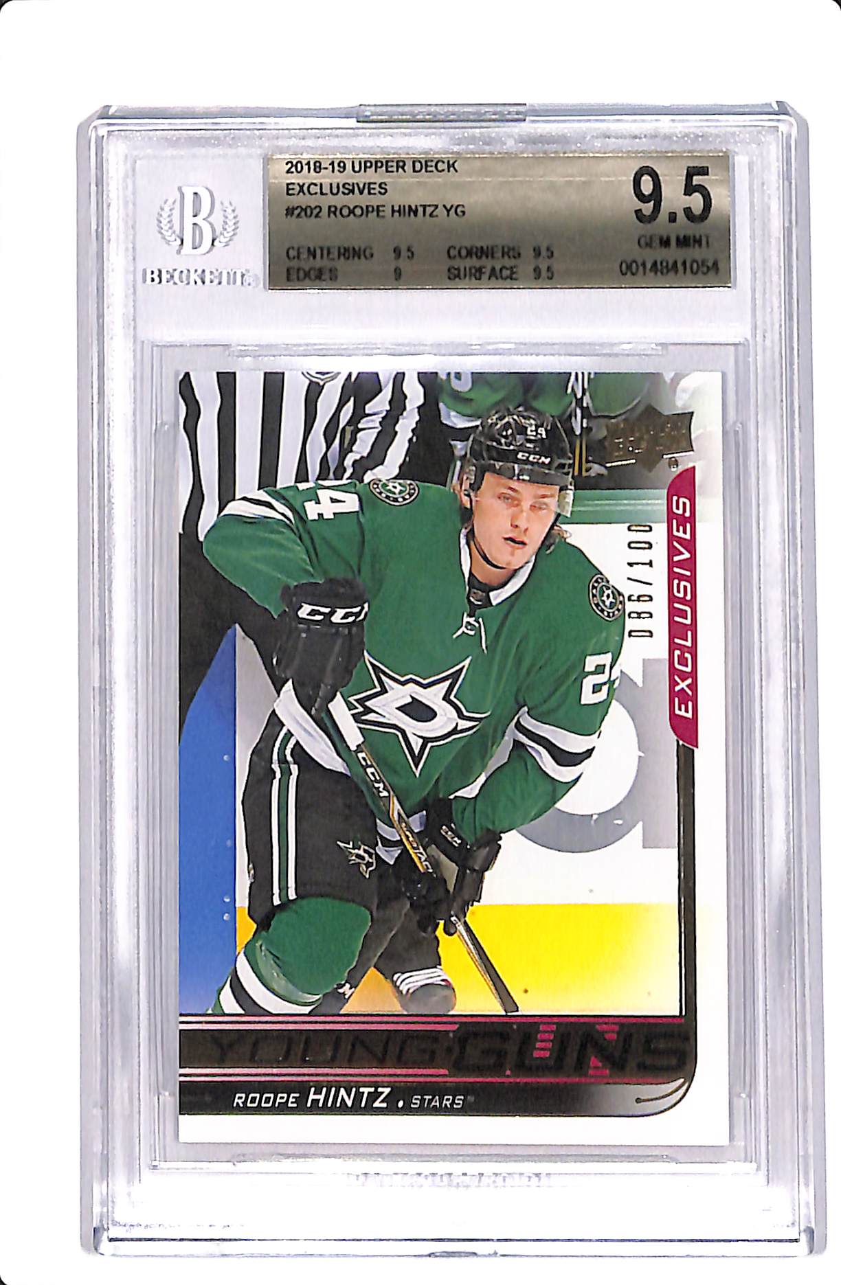 2018-19 UPPER DECK SERIES 1 ROOPE HINTZ YOUNG GUNS EXCLUSIVES /100 #202 BGS 9.5