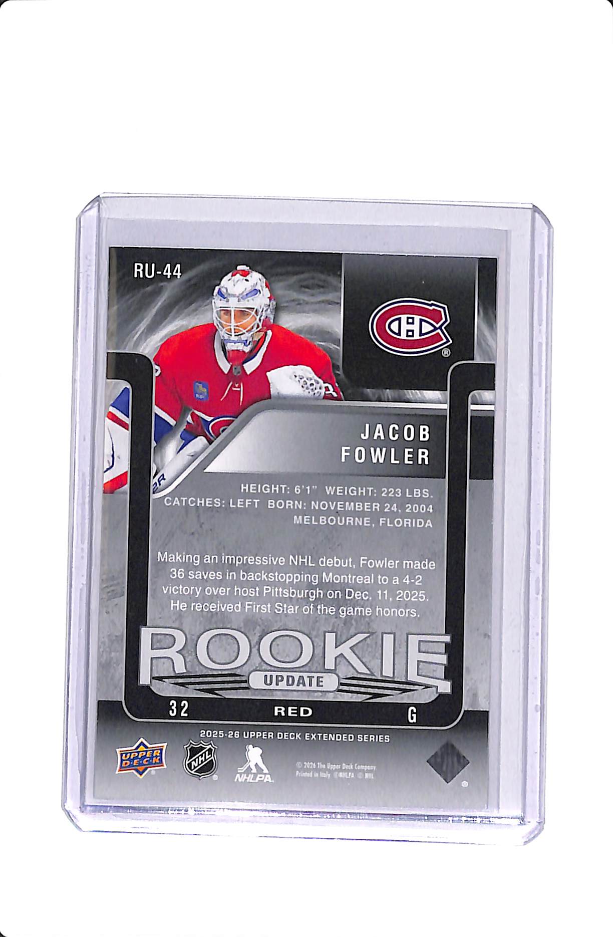 2025-26 UPPER DECK EXTENDED SERIES JACOB FOWLER ROOKIE UPDATE RED /199 #RU-44