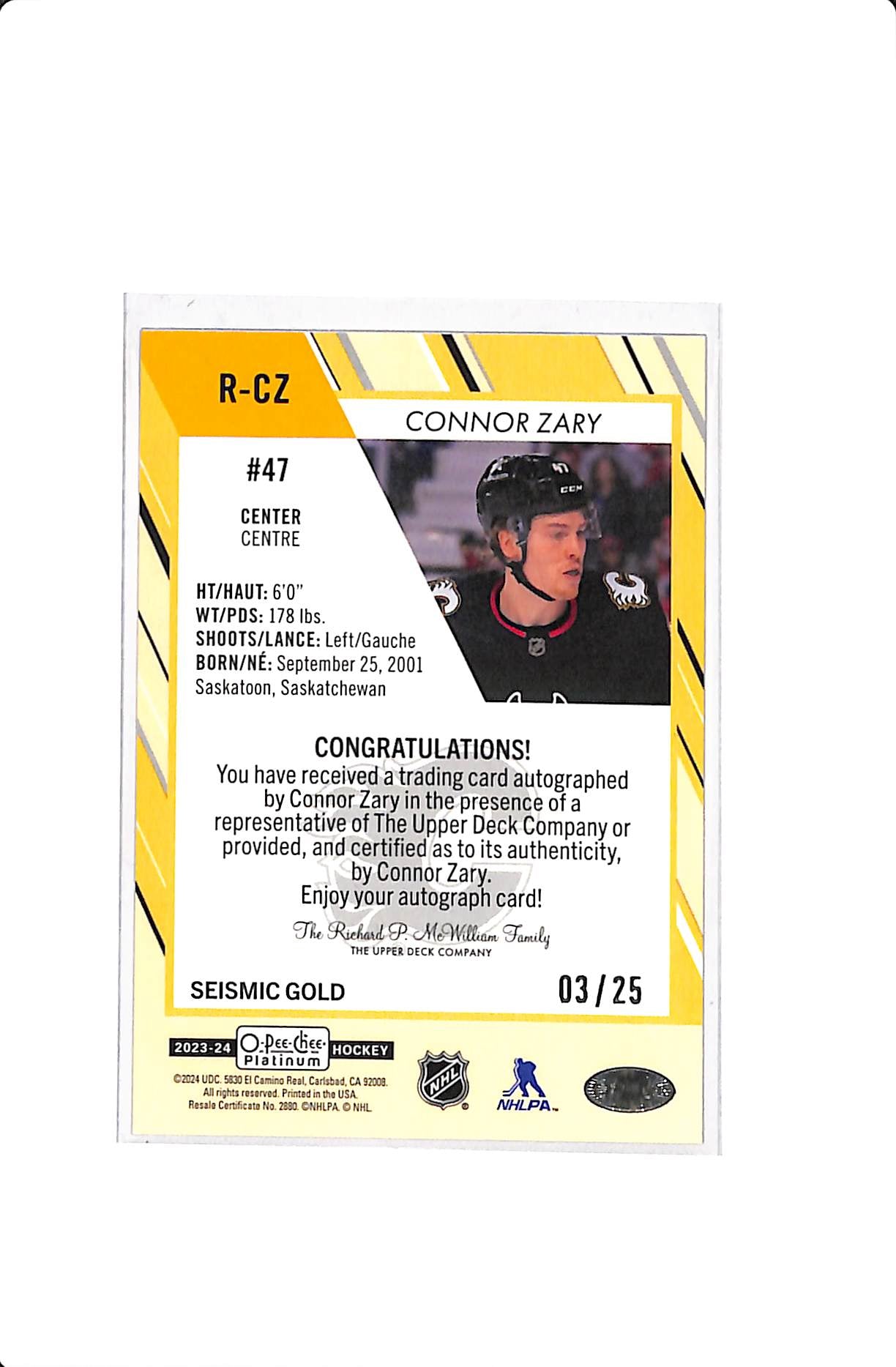2023-24 UPPER DECK OPC PLATINUM CONNOR ZARY ROOKIE AUTO SEISMIC GOLD AUTO /25 #R-CZ