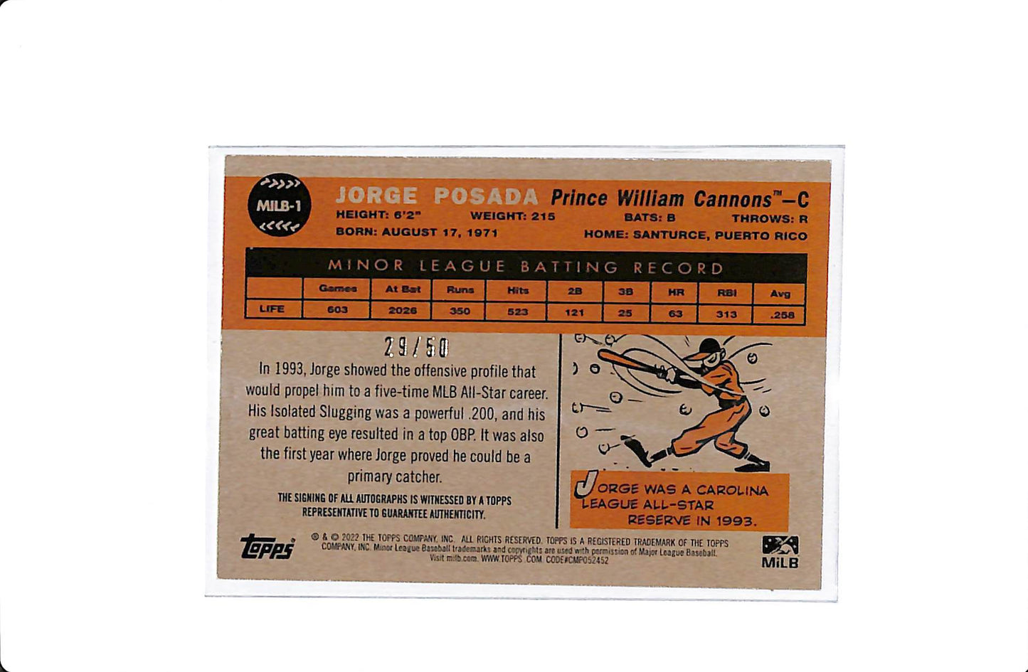 2022 TOPPS PRO DEBUT JORGE POSADA /50 AUTO #MILB-1 PRINCE WILLIAM CANNONS