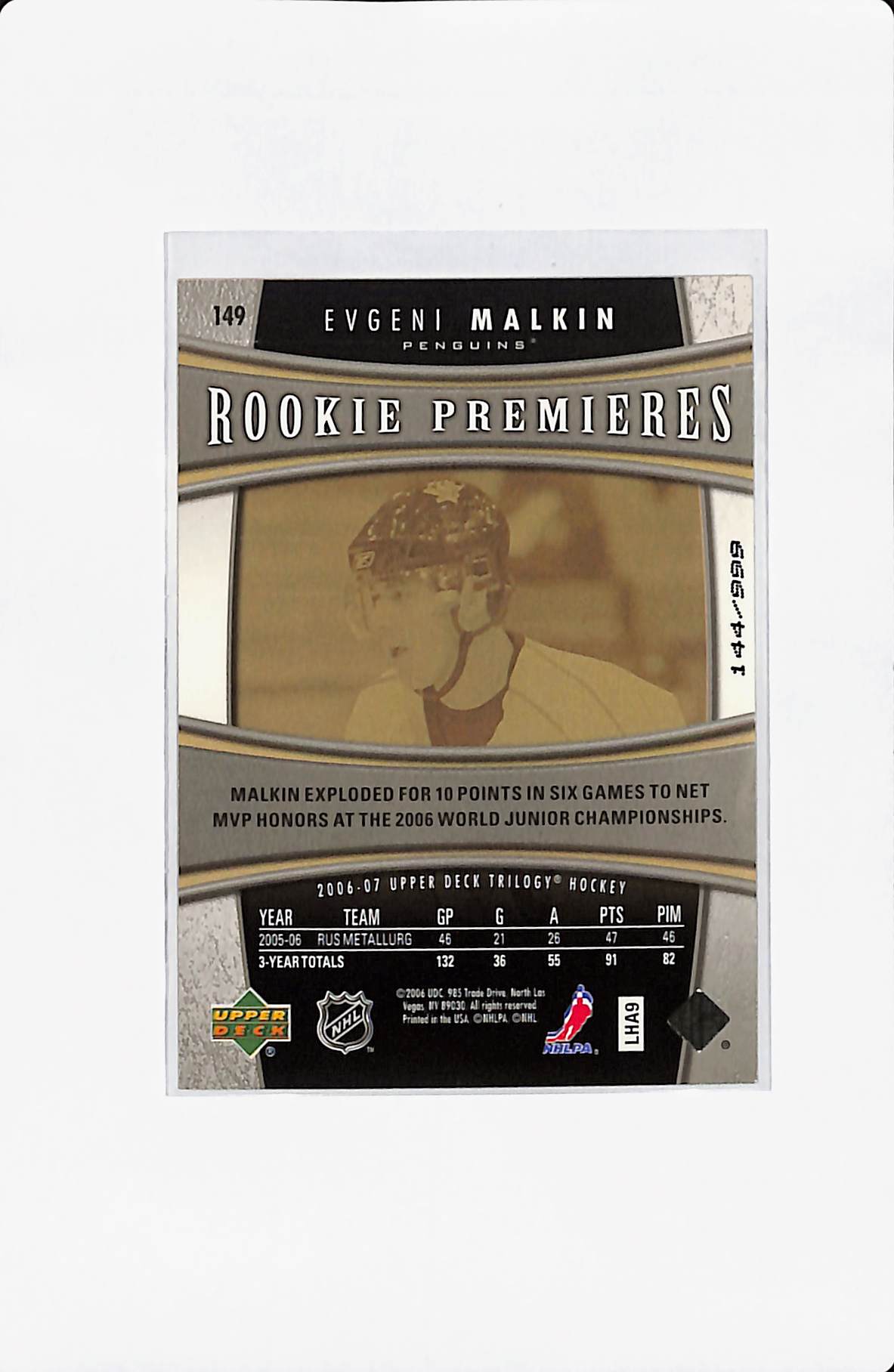 2006 TRILOGY EVGENI MALKIN ROOKIE PREMIERES 144/99