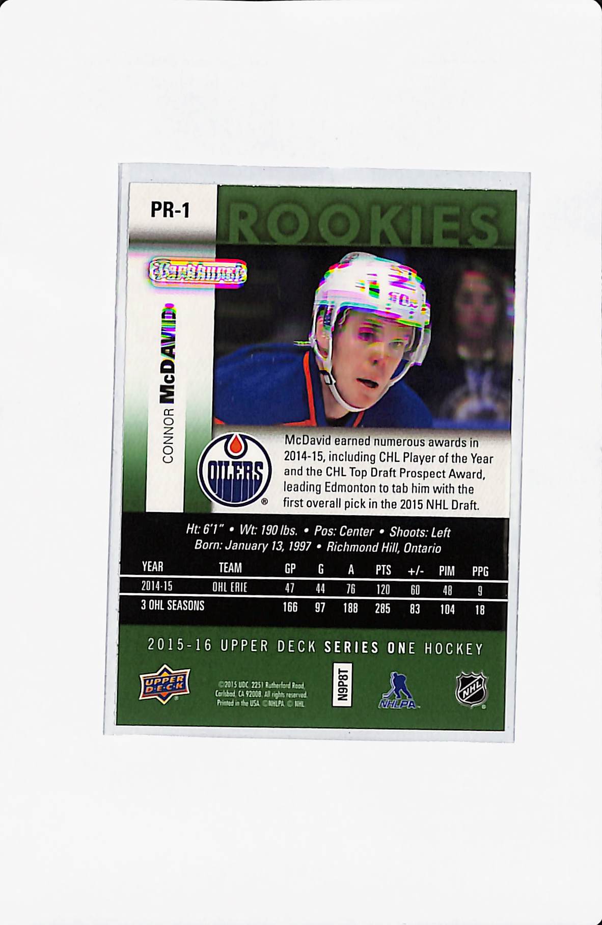 2015/16 UPPER DECK SERIES ONE CONOR MCDAVID PARKHURST ROOKIE