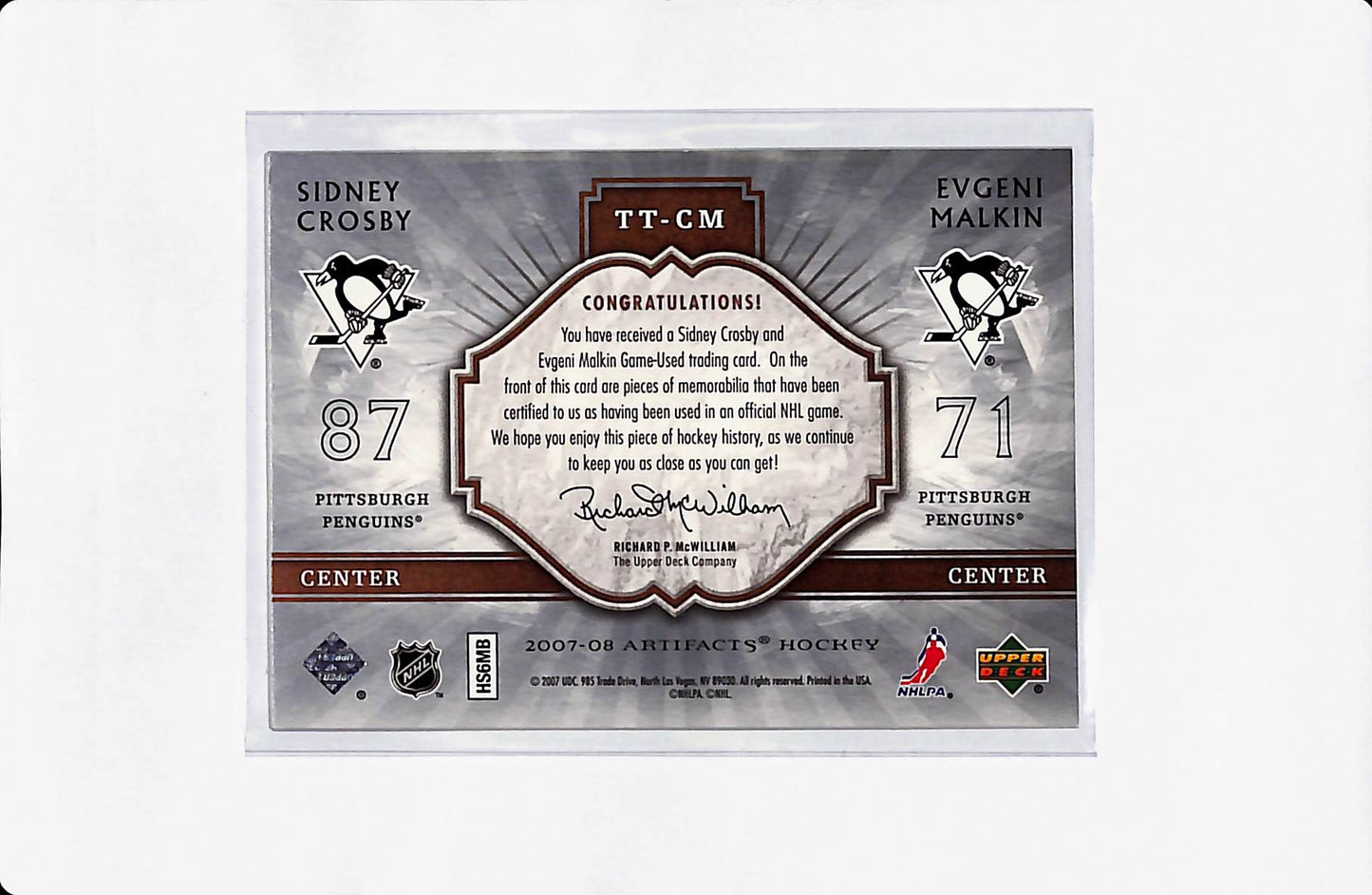 2007/08 UPPER DECK ARTIFACTS SIDNEY CROSBY EVGENI MALKIN TUNDRA TANDEMS 005/125