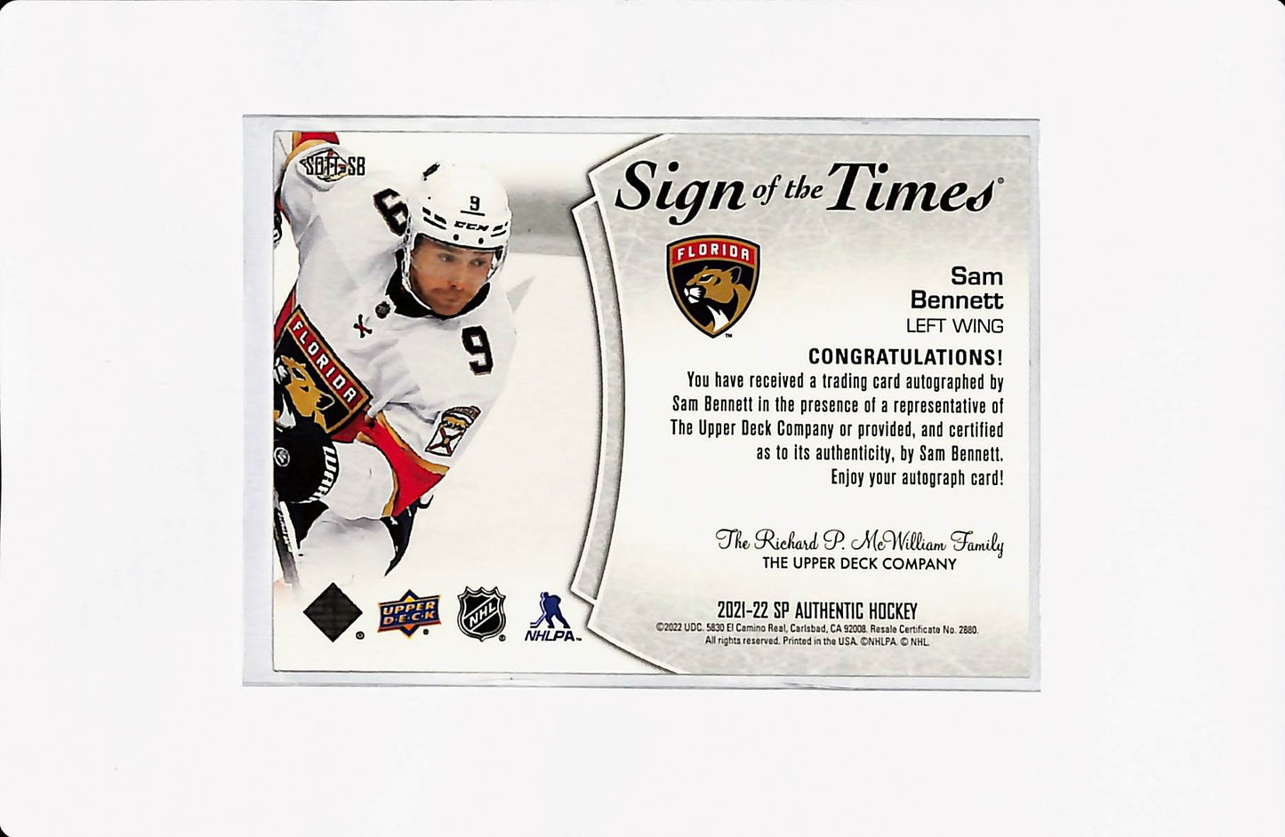 2021/22 UPPER DECK SP AUTHENTIC SAM BENNETT SIGN OF THE TIMES
