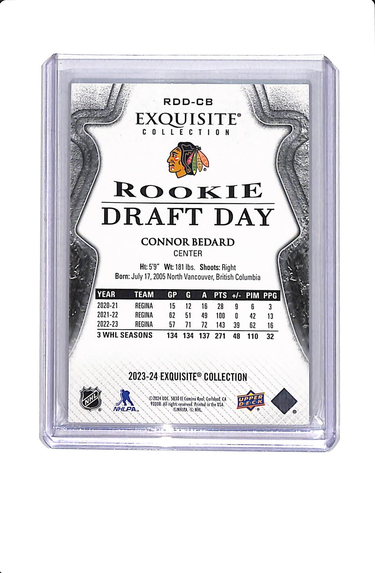 2023-24 UPPER DECK EXQUISITE ROOKIE DRAFT DAY CONNOR BEDARD /349 #RDD-CB