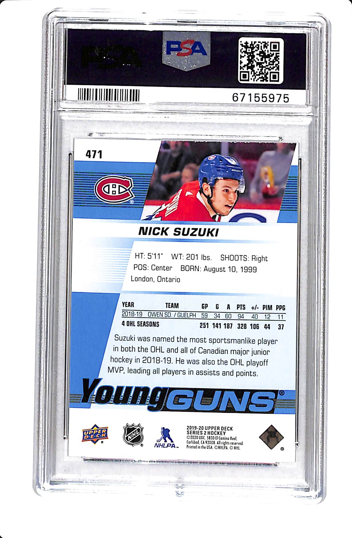 2019-20 UPPER DECK SERIES 2 NICK SUZUKI YOUNG GUNS #471 PSA 10