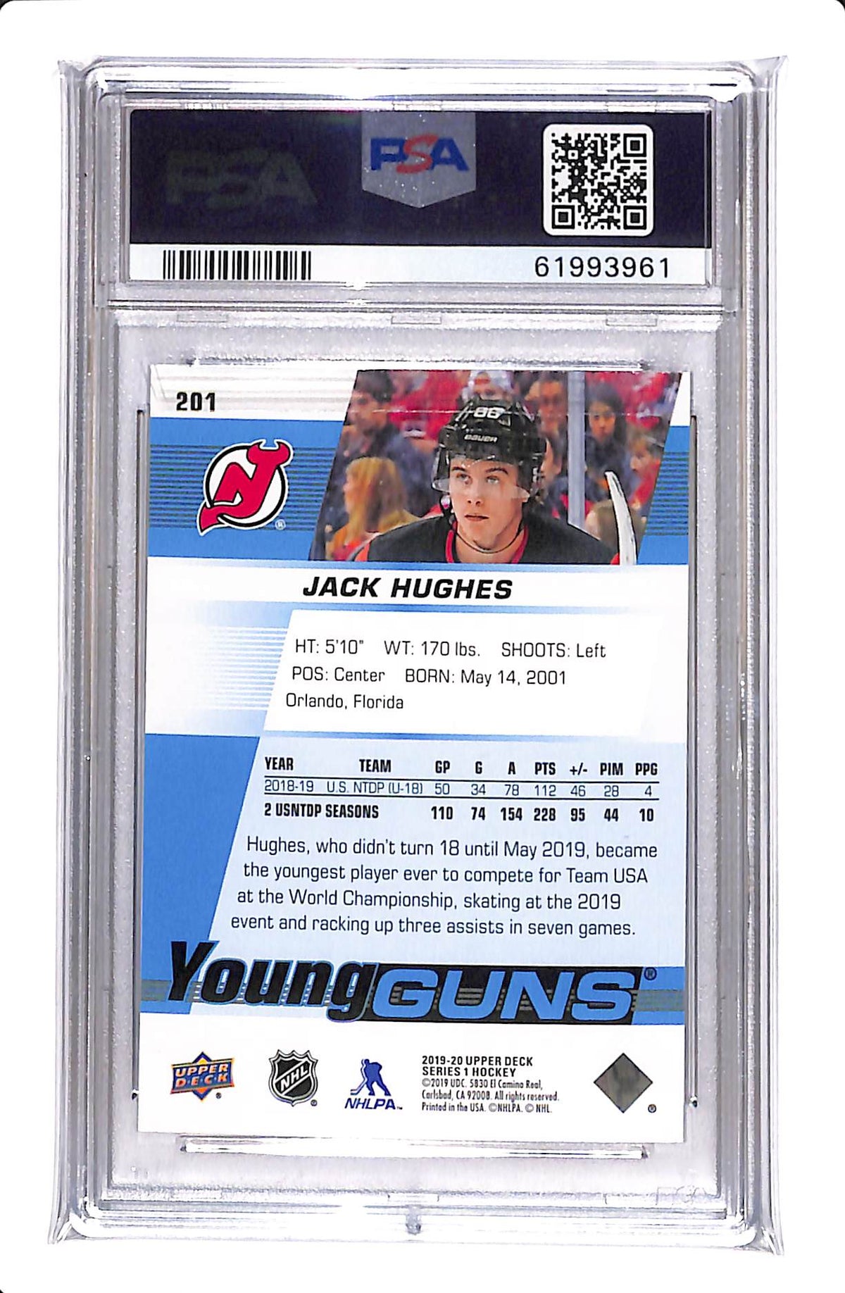 2019-2020 UPPER DECK SERIES 1 JACK HUGHES YOUNG GUNS PSA 10 #201