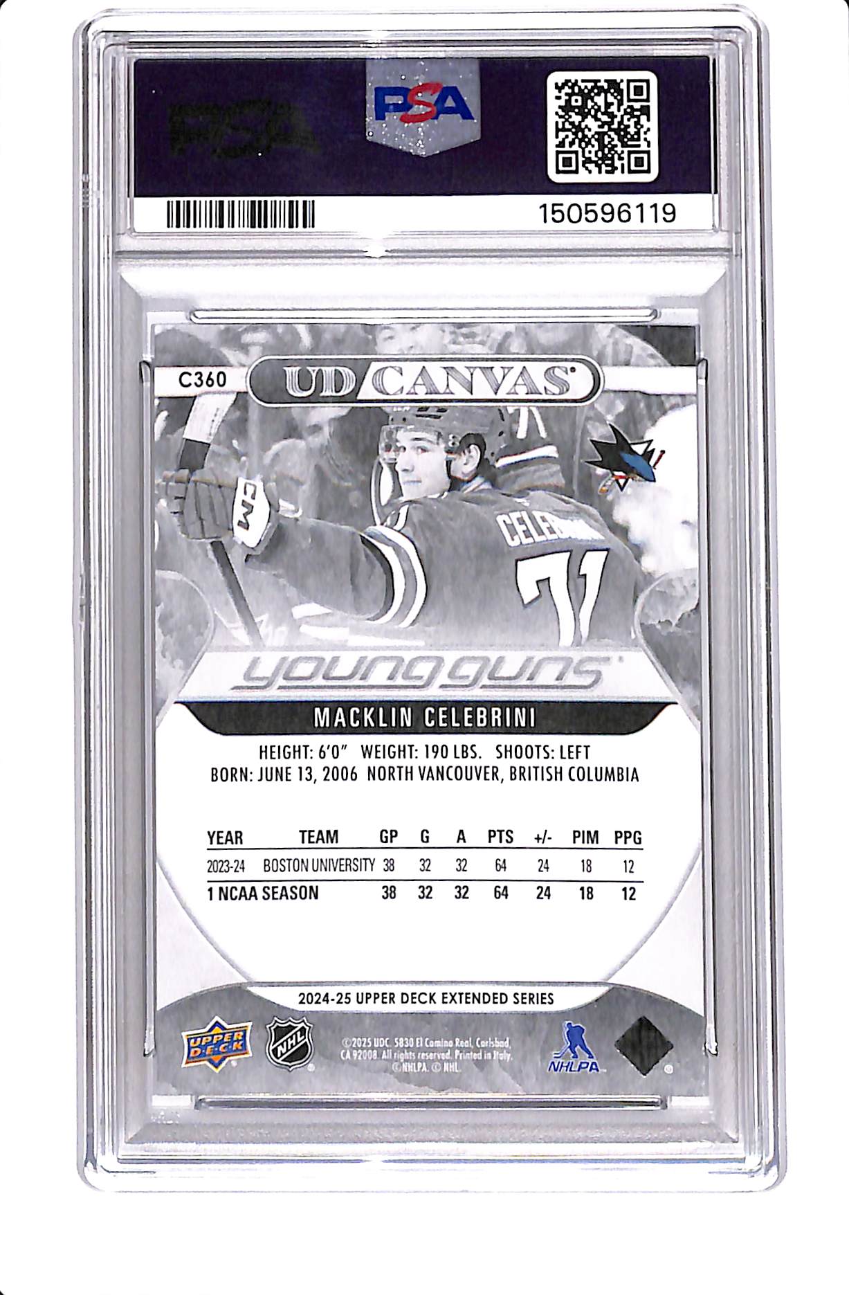 2024-25 UPPER DECK EXTENDED SERIES MACKLIN CELEBRINI YOUNG GUNS CANVAS BLACK/WHITE PSA 10 #C360
