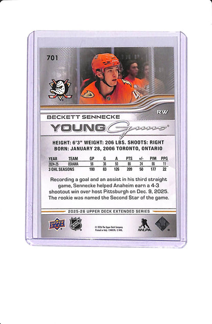 2025-26 UPPER DECK EXTENDED SERIES BECKET SENNECKE YOUNG GUNS #701