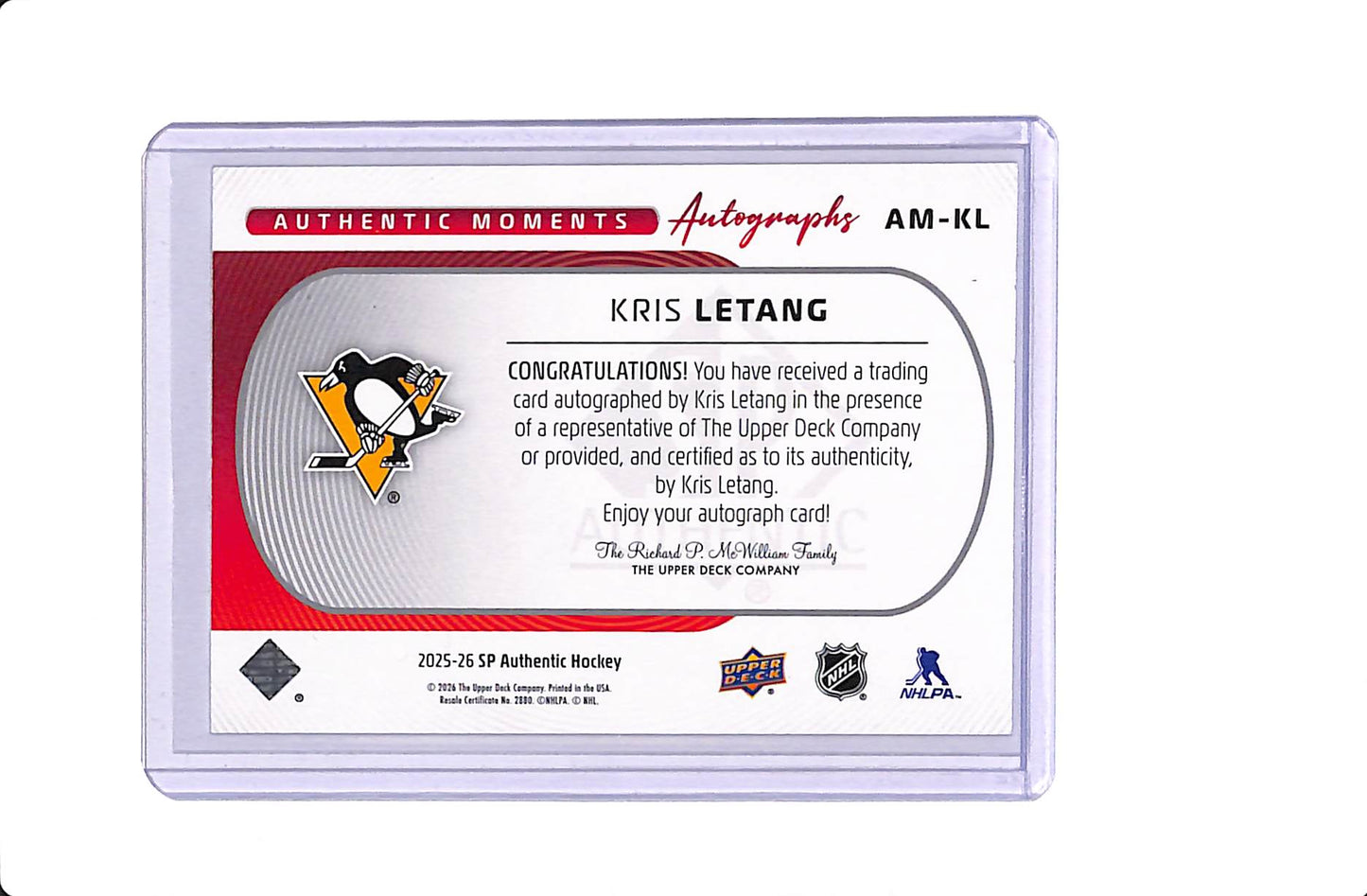 2025-26 UPPER DECK SP AUTHENTIC KRIS LETANG AUTHENTIC MOMENTS AUTO #AM-KL