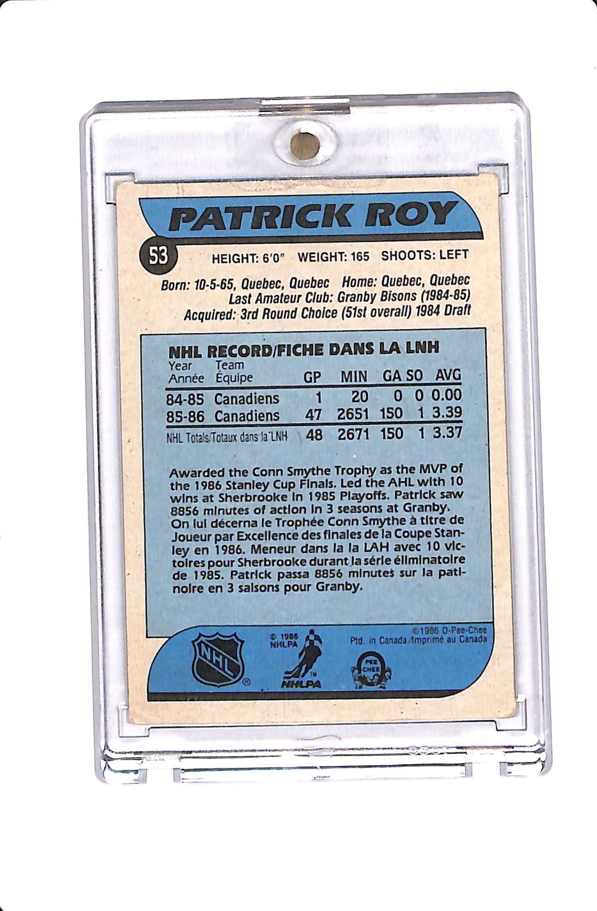 1986-87 UPPER DECK O-PEE-CHEE PATRICK ROY ROOKIE #53