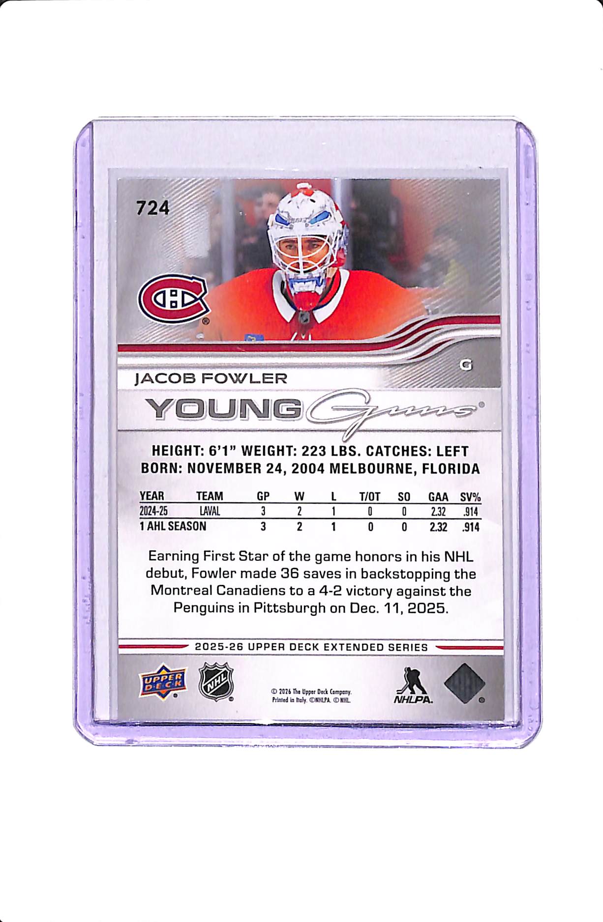2025-26 UPPER DECK EXTENDED SERIES JACOB FOWLER YOUNG GUNS #724